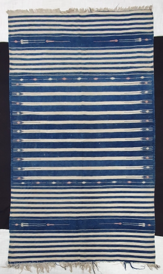 Indigo Blue,Jail Dhurrie(Cotton)Blue-White striped with mahi motif. Bikaner, Rajasthan. India.C.1900.Its size is 114X197cm. Condition is very good(20190917_151128).
                