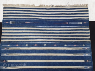 Indigo Blue,Jail Dhurrie(Cotton)Blue-White striped with mahi motif. Bikaner, Rajasthan. India.C.1900.Its size is 114X197cm. Condition is very good(20190917_151128).
                