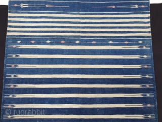 Indigo Blue,Jail Dhurrie(Cotton)Blue-White striped with mahi motif. Bikaner, Rajasthan. India.C.1900.Its size is 114X197cm. Condition is very good(20190917_151128).
                