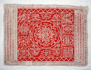 Jain Shrine cloth Ashtamangal, Chain Stitch embroidered Silk on wool,From Kutch, Gujarat, India.Its size is 30x40cm. c.1900. Condition is very good(DSC08028 New).
           