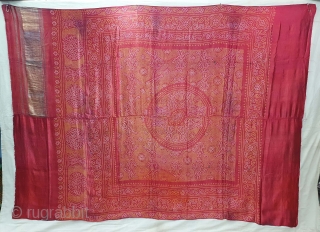 Tie And Dye Odhani,Tie and Dye on the Fine Quality Gajji-Silk with Real Zari Pallu, From Jamnagar Gujarat, India.C.1900.Showing Dancing Gopies of Rasamandala in forests, Its size is 157cmX216cm(20200920_155509).
    