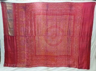 Tie And Dye Odhani,Tie and Dye on the Fine Quality Gajji-Silk with Real Zari Pallu, From Jamnagar Gujarat, India.C.1900.Showing Dancing Gopies of Rasamandala in forests, Its size is 157cmX216cm(20200920_155509).
    