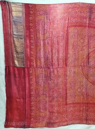 Tie And Dye Odhani,Tie and Dye on the Fine Quality Gajji-Silk with Real Zari Pallu, From Jamnagar Gujarat, India.C.1900.Showing Dancing Gopies of Rasamandala in forests, Its size is 157cmX216cm(20200920_155509).
    