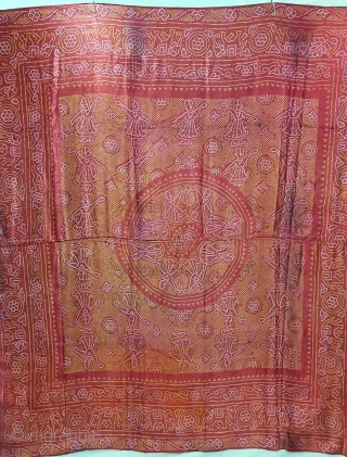 Tie And Dye Odhani,Tie and Dye on the Fine Quality Gajji-Silk with Real Zari Pallu, From Jamnagar Gujarat, India.C.1900.Showing Dancing Gopies of Rasamandala in forests, Its size is 157cmX216cm(20200920_155509).
    