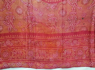 Tie And Dye Odhani,Tie and Dye on the Fine Quality Gajji-Silk with Real Zari Pallu, From Jamnagar Gujarat, India.C.1900.Showing Dancing Gopies of Rasamandala in forests, Its size is 157cmX216cm(20200920_155509).
    