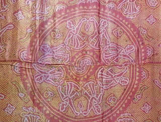 Tie And Dye Odhani,Tie and Dye on the Fine Quality Gajji-Silk with Real Zari Pallu, From Jamnagar Gujarat, India.C.1900.Showing Dancing Gopies of Rasamandala in forests, Its size is 157cmX216cm(20200920_155509).
    