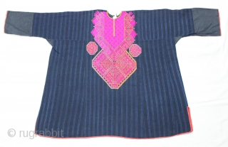 Woman's Embroidered Shirt(Kurta)From Swat Valley of Pakistan.Indigo-Dyed cotton with pink and maroon Floss-silk Embroidery(IMG_0895 New).
                  