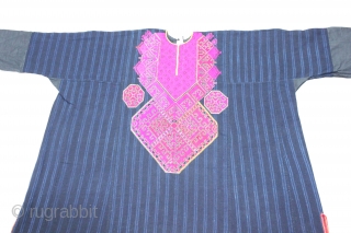 Woman's Embroidered Shirt(Kurta)From Swat Valley of Pakistan.Indigo-Dyed cotton with pink and maroon Floss-silk Embroidery(IMG_0895 New).
                  