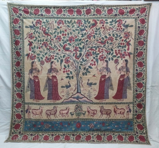 A Roller Print Pichwai depicting the Lord in the form of a tree with abundance and life.  It's flanked by Gopis on both sides venerating the  divine and the lower  ...