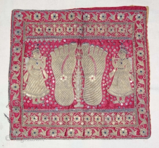 A Gujarat Silk Wall Hanging Puthia  Depicting the Feet of aJain Monk,  From Gujarat, India. Real Zari (Gold and Silver ) Embroidery on the Silk.

The presence of the holy teacher  ...