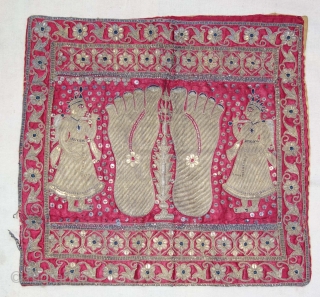 A Gujarat Silk Wall Hanging Puthia  Depicting the Feet of aJain Monk,  From Gujarat, India. Real Zari (Gold and Silver ) Embroidery on the Silk.

The presence of the holy teacher  ...