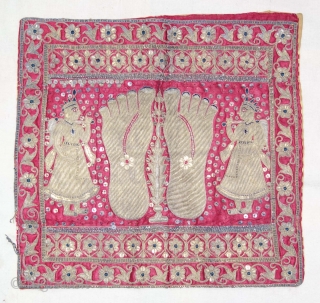 A Gujarat Silk Wall Hanging Puthia  Depicting the Feet of aJain Monk,  From Gujarat, India. Real Zari (Gold and Silver ) Embroidery on the Silk.

The presence of the holy teacher  ...