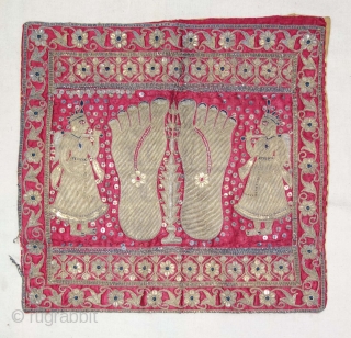 A Gujarat Silk Wall Hanging Puthia  Depicting the Feet of aJain Monk,  From Gujarat, India. Real Zari (Gold and Silver ) Embroidery on the Silk.

The presence of the holy teacher  ...