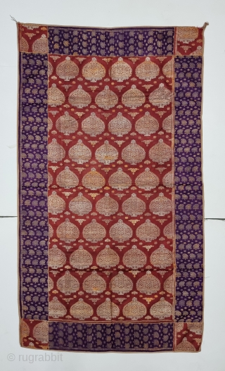 Temple Hanging, Khinkhab Nariyal Buti (Coconut Design) Zari Brocade (Real Zari) , With Zari Brocade Border (Real Zari) From Jamnagar Gujarat India. India.

C.1875-1900.

Its size is 82cmX140cm (20231001_154307_001).      