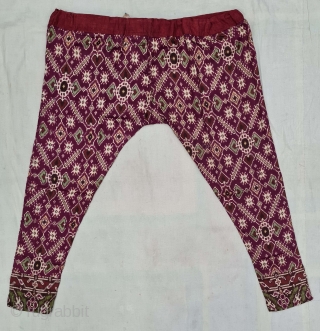 Ejar (Trouser) Silk Double Ikat, Probably Patan Gujarat. India.This Patola Ejar design is known as  Vohra-Gaji-Bhat(Vohra Type Design) . This type of Patola Ejar's Mainly Exported to the south-East-Asian markets.

c.1850-1875.

Its size  ...