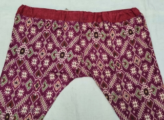 Ejar (Trouser) Silk Double Ikat, Probably Patan Gujarat. India.This Patola Ejar design is known as  Vohra-Gaji-Bhat(Vohra Type Design) . This type of Patola Ejar's Mainly Exported to the south-East-Asian markets.

c.1850-1875.

Its size  ...