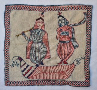 Folk Kantha of Krishna and Radha,  Fine Quilted And embroidered cotton Kantha Probably from West Bengal region of India, India.

C.1875 -1900

Its size is 30cmX30cm (20221001_160338).       