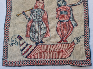 Folk Kantha of Krishna and Radha,  Fine Quilted And embroidered cotton Kantha Probably from West Bengal region of India, India.

C.1875 -1900

Its size is 30cmX30cm (20221001_160338).       