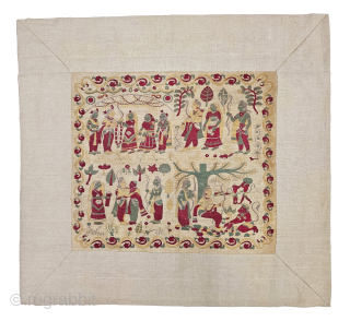 An Rare Ceremonial Ramayana Chintz Kalamkari , Hand-Drawn Mordant-And Resist-Dyed Cotton, From Gujarat . India.

C.1875 -1900.

Exported to the South-East-Asian Market.

Its size is 35cmX40cm (20241002_181243).         