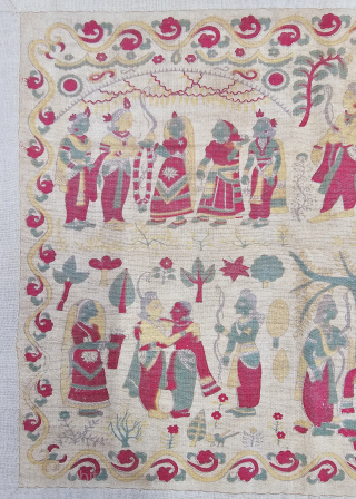 An Rare Ceremonial Ramayana Chintz Kalamkari , Hand-Drawn Mordant-And Resist-Dyed Cotton, From Gujarat . India.

C.1875 -1900.

Exported to the South-East-Asian Market.

Its size is 35cmX40cm (20241002_181243).         