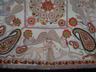 Kantha Quilted and embroidered cotton Kantha Probably From Faridpur District,East Bengal(Bangladesh)region. India.C.1900.Its size is 90cmX90cm. Showing The Mother Goddess and other folk cultures of Bengal. 
This an Bengali text,probably name of the  ...