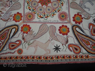 Kantha Quilted and embroidered cotton Kantha Probably From Faridpur District,East Bengal(Bangladesh)region. India.C.1900.Its size is 90cmX90cm. Showing The Mother Goddess and other folk cultures of Bengal. 
This an Bengali text,probably name of the  ...