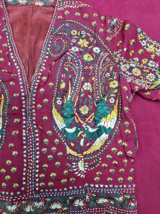 Parsi Gara Saree With Jhabla (Blouse) From Surat Gujarat India. The Embroidered with Paisley Peacock Design on the Plain satin weave .This kind of Gara Saree was embroidered by Chinese artisans in  ...