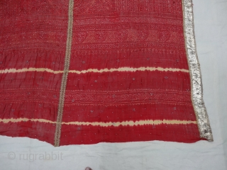 Kumbhi,Tie and Dye Silk Odhani(Bandhani)With Real Zari embroidery border in the middle with Mukesh (Badla) Work.From Kutch Region of Gujarat,India.C.1900. Belongs to Khatri community of West coast of Kutch Gujarat, Condition is  ...