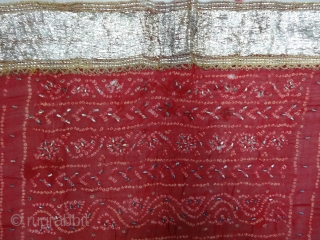 Kumbhi,Tie and Dye Silk Odhani(Bandhani)With Real Zari embroidery border in the middle with Mukesh (Badla) Work.From Kutch Region of Gujarat,India.C.1900. Belongs to Khatri community of West coast of Kutch Gujarat, Condition is  ...