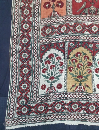 Kalamkari Mughal Tree of life from Lahore West (Pakistan) Punjab India. India. Kalamkari on the cotton with exotic birds and trees all within mihrab. Surrounded by lozenge border Late 19th Early 20th  ...