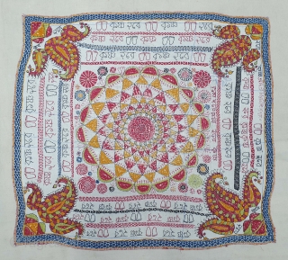 Rare calligraphy Kantha,(Mansion As Ram-Ram, Krishna-Krishna ,Hari-Hari)Quilted and embroidered on the cotton with cotton embroidery, Probably From Ramnagar District, West Bengal(India)Region. India.C.1900. Its size is 55cmX60cm(20201015_154852).       