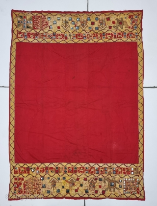 Folk Embroidery Odhani or Phulkari With Folk Figures of Animals ,Trees and Mirrors in the Borders From Hisar Region of Haryana . India. India. untwisted Floss silk on hand spun cotton ground  ...