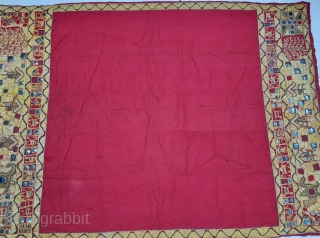 Folk Embroidery Odhani or Phulkari With Folk Figures of Animals ,Trees and Mirrors in the Borders From Hisar Region of Haryana . India. India. untwisted Floss silk on hand spun cotton ground  ...