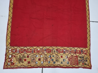 Folk Embroidery Odhani or Phulkari With Folk Figures of Animals ,Trees and Mirrors in the Borders From Hisar Region of Haryana . India. India. untwisted Floss silk on hand spun cotton ground  ...