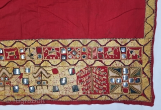 Folk Embroidery Odhani or Phulkari With Folk Figures of Animals ,Trees and Mirrors in the Borders From Hisar Region of Haryana . India. India. untwisted Floss silk on hand spun cotton ground  ...