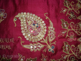 Jain Aari Zari (Real Silver and Gold) Embroidery On Gajji Silk, An Temple Hanging Chakla,From Kutch Gujarat India.Mention in Gujarati they oblation name of the owner(Kutch Bidara Late Ravji Desar's widow Paan  ...