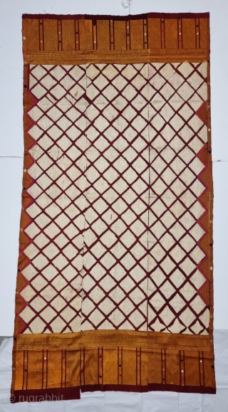 Chand Bagh , Phulkari From West(Pakistan) Punjab. India. India. untwisted Floss silk on hand spun (Halwan) cotton ground cloth.

Early 19th Century.

Its size is 135cmX267cm (20231024_115927).        