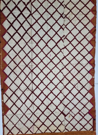 Chand Bagh , Phulkari From West(Pakistan) Punjab. India. India. untwisted Floss silk on hand spun (Halwan) cotton ground cloth.

Early 19th Century.

Its size is 135cmX267cm (20231024_115927).        
