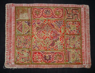 Jain Shrine cloth Ashtamangal, Mochi embroidered Silk on wool,From Gujarat, India.Its size is 27x36cm. c.1900. Condition is very good(DSC08028 New).             