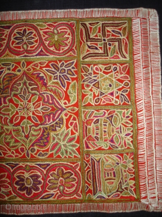 Jain Shrine cloth Ashtamangal, Mochi embroidered Silk on wool,From Gujarat, India.Its size is 27x36cm. c.1900. Condition is very good(DSC08028 New).             