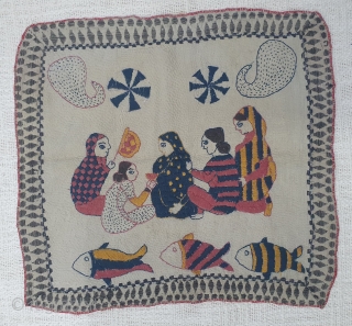 Folk Kantha Quilted and embroidered cotton, Probably From West Bengal (India) region, India.Its size is 31cmX33cm(20191102_151859).                 