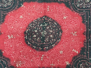 Ceremonial Tie and Dye Rumal, Tie and Dye Work on the Gajji-Silk With Badla Work (Real Silver) From Kutch Region of Gujarat, India. c.1900. Its size is 65cmX73cm. This were Traditionally used  ...