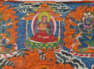 Thangka Shadbuja Mahakala From Tibet .
Distemper on cloth; recto with Tibetan inscriptions in gold identifying the various figures.

Shadbuja Mahakala is the principal protector deity of the Gelug school, indicated by the monks  ...