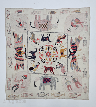 An Very Fine Folk Embroidery Kantha with different Folk Figures with design s , Fine Quilted and embroidered cotton kantha Probably From East Bengal(Bangladesh) region, India.

C.1875 -1900

Its size is 90cmX95cm(20241101_164631).   