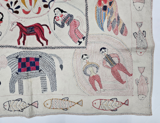 An Very Fine Folk Embroidery Kantha with different Folk Figures with design s , Fine Quilted and embroidered cotton kantha Probably From East Bengal(Bangladesh) region, India.

C.1875 -1900

Its size is 90cmX95cm(20241101_164631).   
