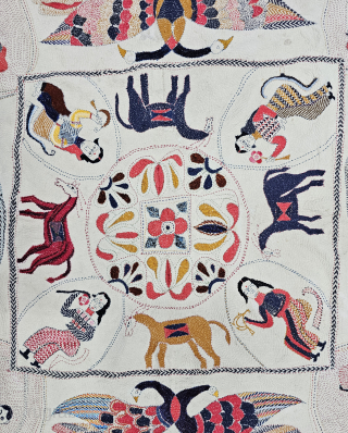 An Very Fine Folk Embroidery Kantha with different Folk Figures with design s , Fine Quilted and embroidered cotton kantha Probably From East Bengal(Bangladesh) region, India.

C.1875 -1900

Its size is 90cmX95cm(20241101_164631).   