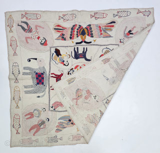 An Very Fine Folk Embroidery Kantha with different Folk Figures with design s , Fine Quilted and embroidered cotton kantha Probably From East Bengal(Bangladesh) region, India.

C.1875 -1900

Its size is 90cmX95cm(20241101_164631).   