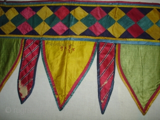 Patch work(Gajji-Silk)Toran from Kutch Gujarat India.This were Traditionally used mainly Jain Derasar Temples of Gujarat India.Backing with Manchester Print.C.1900.Its size is 30cmX102cm(DSC05704 New).          