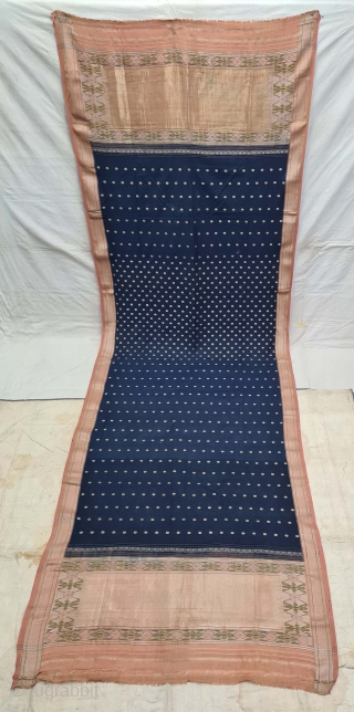 Paithani Shalu Saree Double Pallu (Pallov) indigo Blue Sari,Its characterised by borders of an oblique square design, and a two pallu design,It’s a Cotton and zari weave sari, with makers signature on  ...