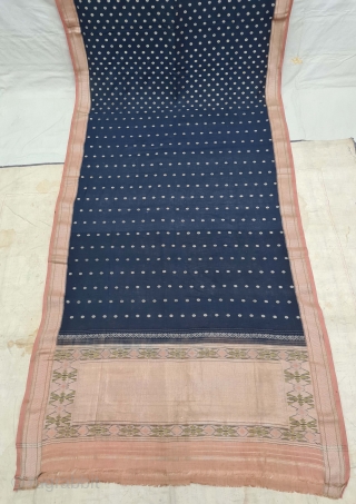 Paithani Shalu Saree Double Pallu (Pallov) indigo Blue Sari,Its characterised by borders of an oblique square design, and a two pallu design,It’s a Cotton and zari weave sari, with makers signature on  ...